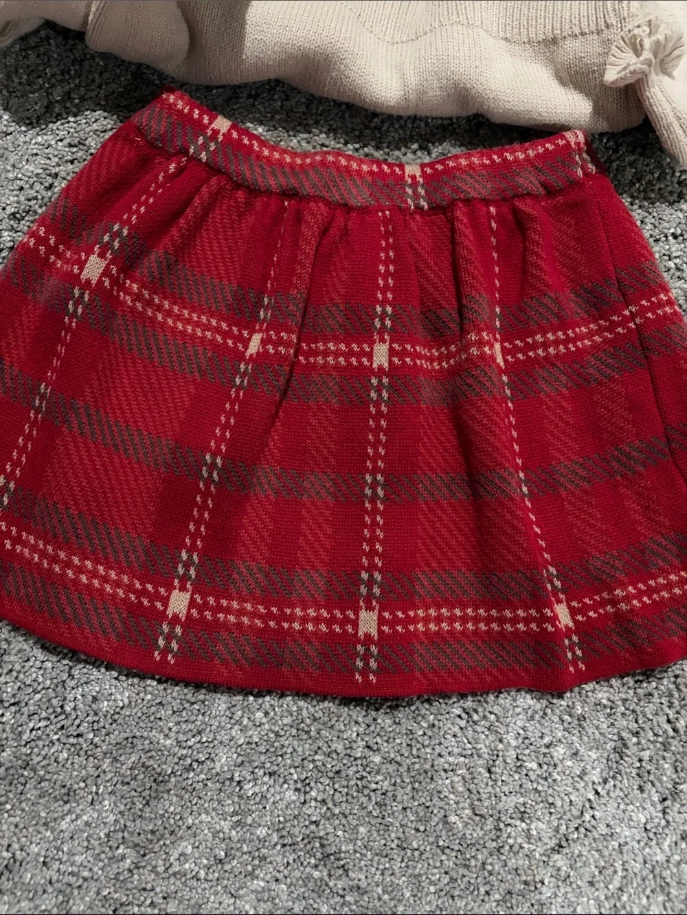 Cynthia Rowley Cream Deer Sweater with Red Plaid Skirt